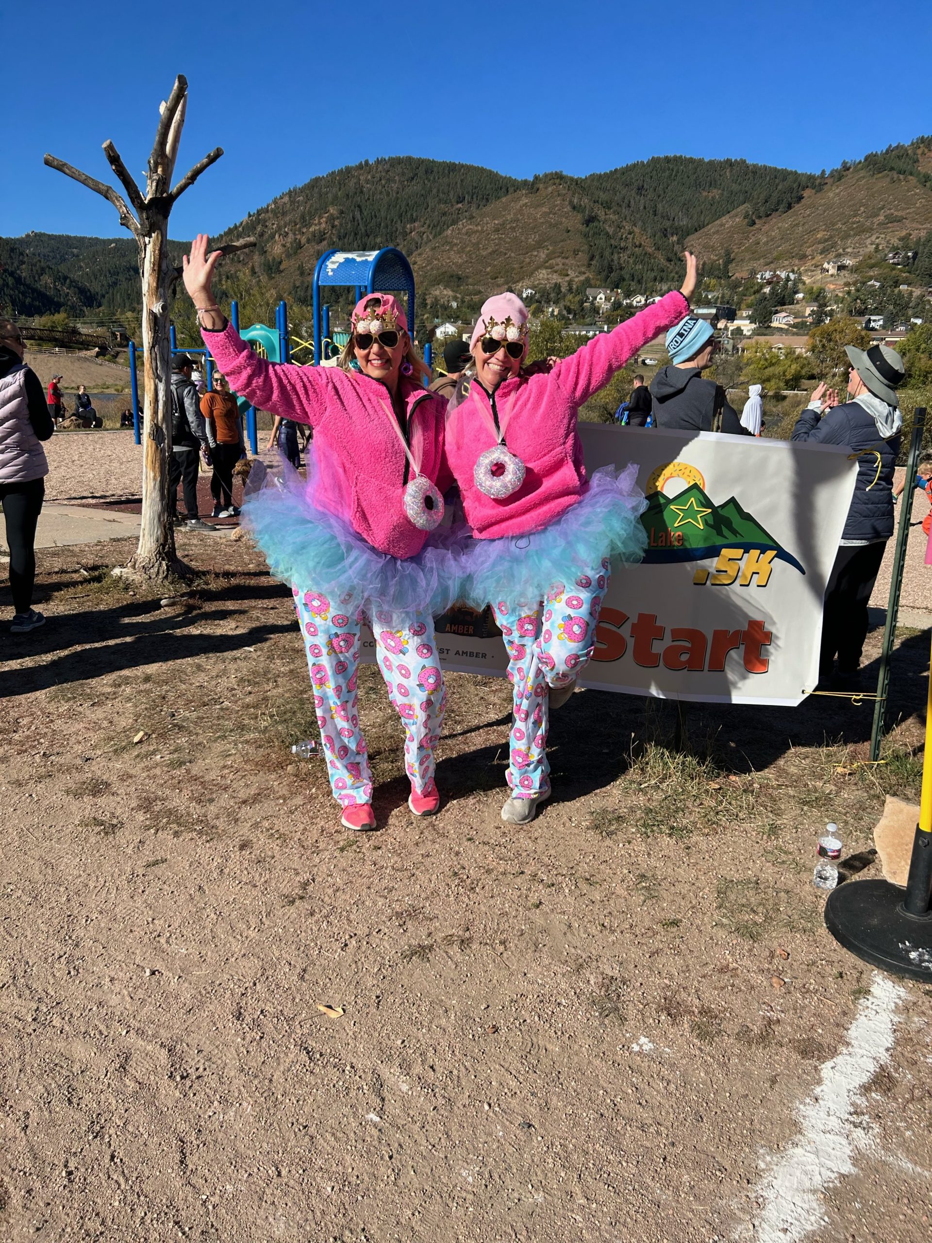 Runners in matching donut-themed costumes at the .5K start line